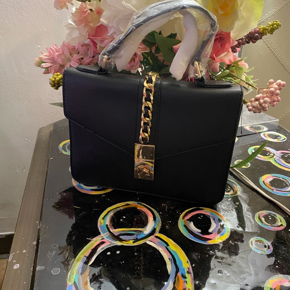Black and Gold Structured Satchel with Chain Detail